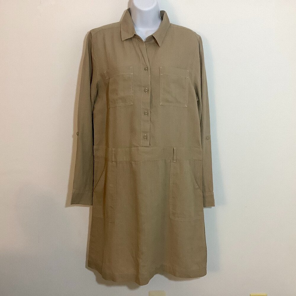 Linen Blend Dress Long Sleeve Midi Medium Tan Button NWT